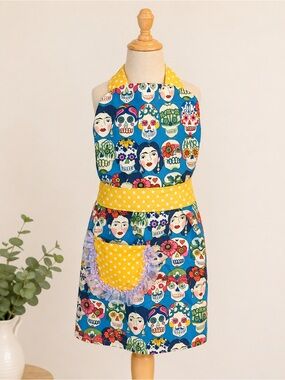 Kids Colorful Day of the Dead Frida Apron with Yellow Polka Dot Accents